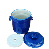 Blue ceramic handmade fermentation pot with two lids on a white background