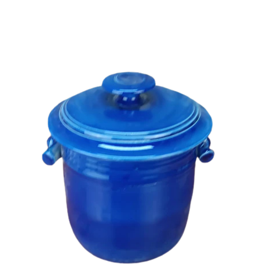 handmade Australian Blue ceramic crock with lid on a white background