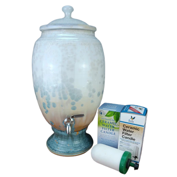 Ceramic water filter with a packaging box on a white background